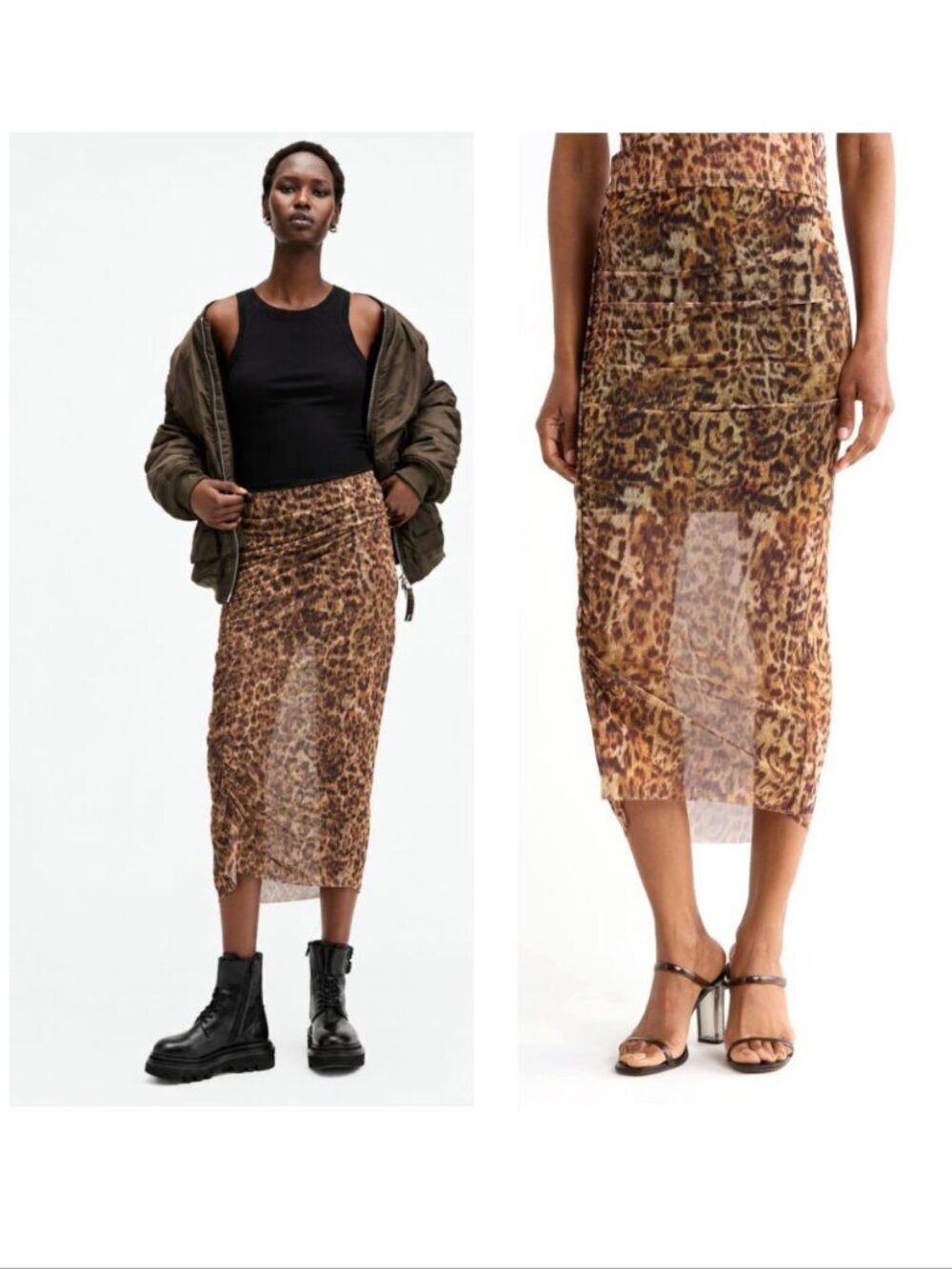AllSaints Nora Mesh Midi SKIRT 6 8 10 Leopard Animal Print Evia Golden Brown NEW